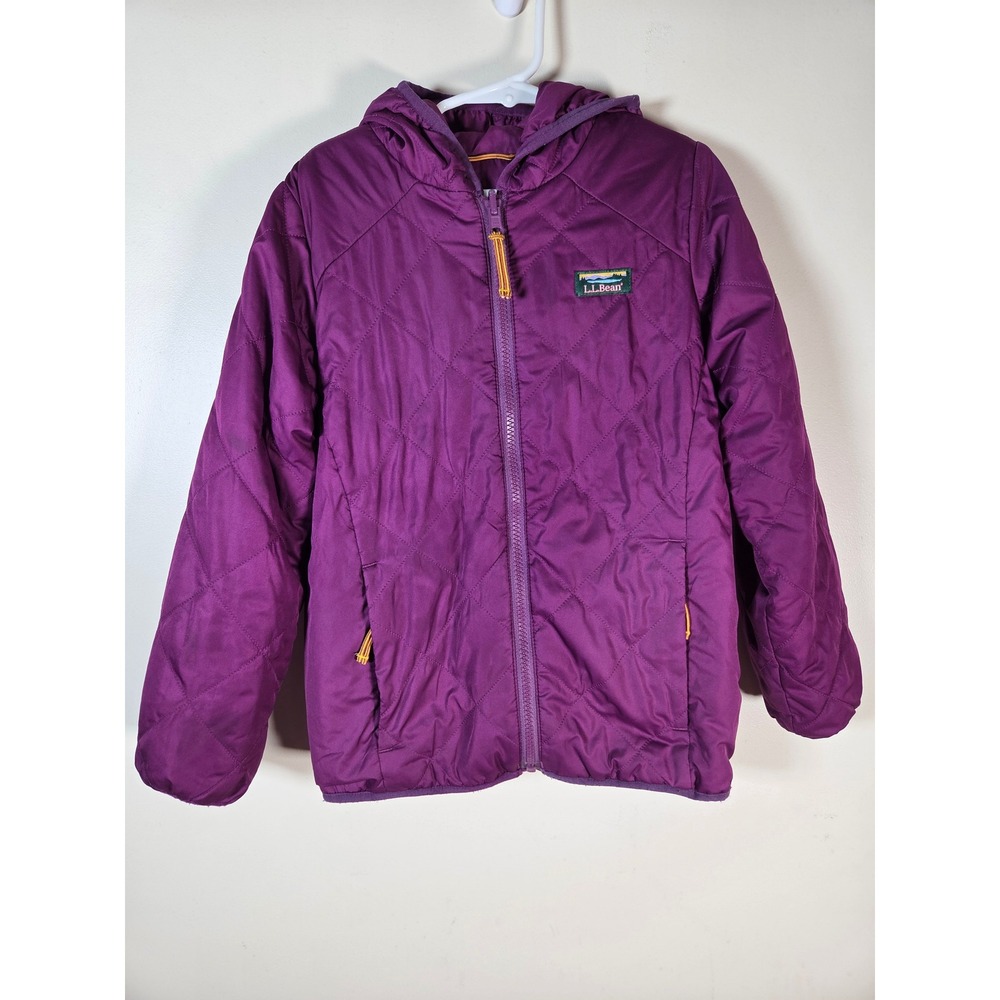 LL Bean Reversible Quilted Fleece Jacket Kids 6X/7 Purple Hooded Full Zip Winter